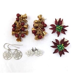 VTG Jewelry Christmas Pierced Earrings Bells Poinsettia Snowflakes Lot of 4 Pair